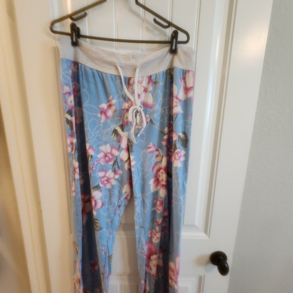 LONGYUAN Women's Comfy Pajama Pants Casual Stretch Pant Light Blue Flowers 3XL